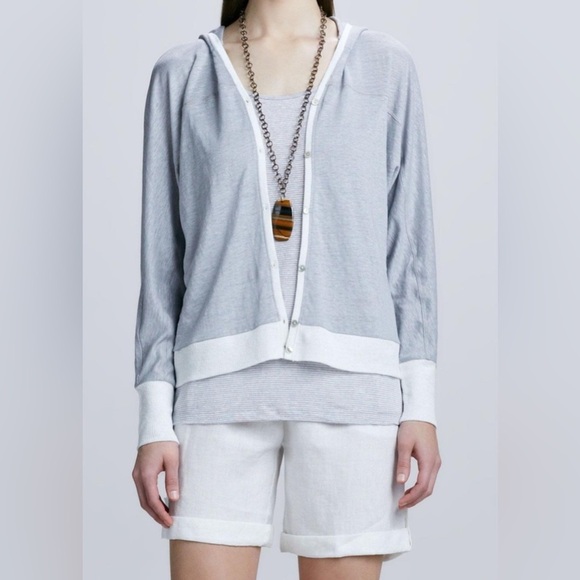Eileen Fisher 100% Linen Cardigan Hoodie Button Up Size XS Coastal Gray White - Picture 1 of 13